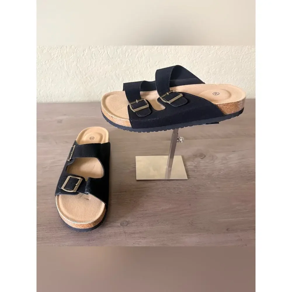Black Double Buckle Cork Footbed Slide Sandals men’s EU 40 US 7 NWOT
